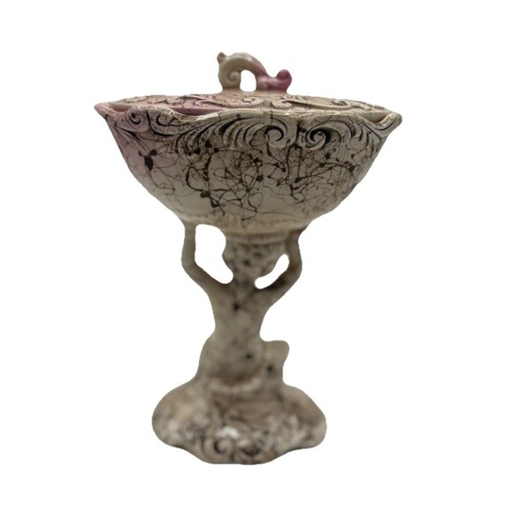 Vtg Possible Dreams Cherub Compote Candy Dish W/ Lid Crackle Glaze Pink Accents - Picture 1 of 14